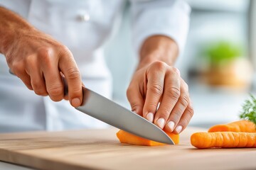 Close up of chef&rsquo;s hands slicing fresh carrot with sharp knife on wooden cutting board, professional cooking technique highlighted with natural light in bright modern kitchen background
