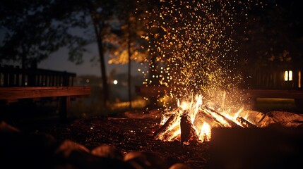 Warm glow from a campfire illuminates the dark night as sparks fly into the air in a tranquil outdoor setting.
