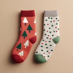 Christmas socks lying flat on plain minimalist surface