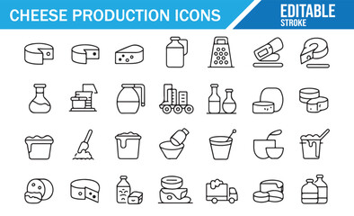 Food Industry Icons — Cheese Production, Containers, Mixers, Conveyor, and Delivery