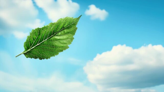 The  showcases a single leaf gently floating above the clouds against the backdrop of a clear blue sky. The simplicity and tranquility of nature are captured in this serene scene.