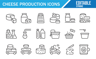 Dairy Processing Icon Collection — Pasteurization, Rennet, Grater, Wheel, and Wedge