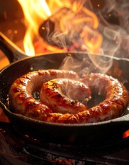 Fried Sausages Cooking on Stovetop.