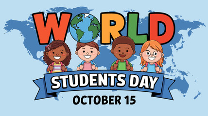Vector art of world students day illustration with diverse children and a globe on a world map background, celebrating education and global unity on october 15