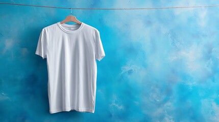 White tee on blue textured backdrop.