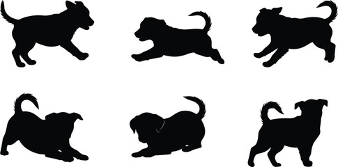 Dog silhouette illustration, vector animal design, cartoon artwork, playful poses, abstract icons, stock collection, canine mascot, unique artwork, decorative style, character