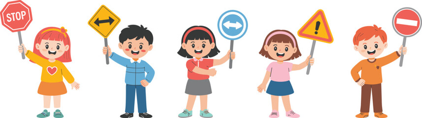 Cartoon children holding traffic signs, educational road safety illustration with stop, warning and direction symbols, learning vector design for school, kids safety awareness