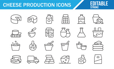 Cheese Factory Outline Icons — Production, Conveyor, Buckets, Vats, and Grating Tools