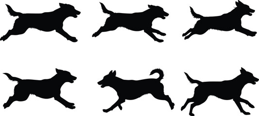 Dog silhouettes running sequence, domestic pet illustration, canine animal artwork, motion study design, black dog drawing, wildlife behavior reference, dynamic posture study