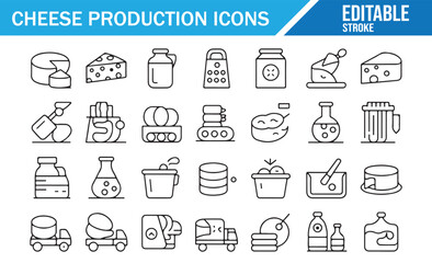 Cheese Production Icons — 25 editable stroke line symbols for dairy, milk processing, fermentation, curd and whey, vats, molds, grater, packaging, delivery, and assorted cheese styles on white backgro