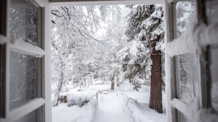 Outside a cozy cabin fluffy snow blankets the trees and ground. A clear path leads through the peaceful woods showcasing winters beauty during the morning light.