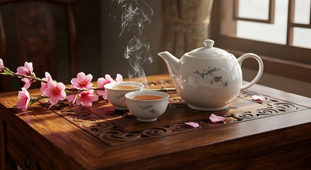 Serene Vietnamese Tea Ceremony Setup with Steaming Teapot and Cups, Adorned with Pink Cherry Blossoms, Symbolizing Peace and Renewal.