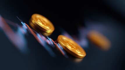 A conceptual image of cryptocurrency trading, with digital coins and a dynamic graph.