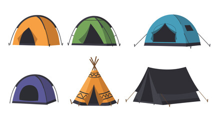 Colorful cartoon illustration depicting various types of camping tents and shelters © Mstsalma
