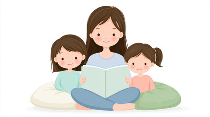 Asian female adult reading to two asian female children sitting on cushions