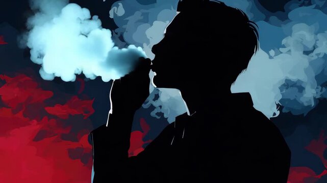 Stylish  of man holding cigar and surrounded by vibrant smoke and light effects against dark background.