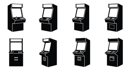 A collection of black silhouette arcade game machines in various designs