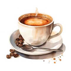 白背景にコーヒー豆と白いコーヒーカップ水彩画