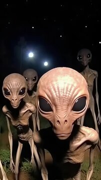 A group of unexplained extraterrestrial beings appears, showcasing unique features and eerie expressions. This mysterious encounter raises questions about alien life and UFOs