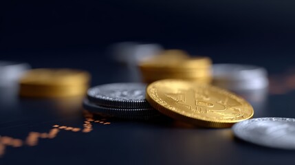 A conceptual image of cryptocurrency trading, with digital coins and a dynamic graph.