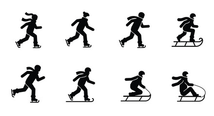 Silhouettes of people skating and sledding in winter activities