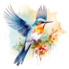 青い水彩の鳥が枝に止まっているイラスト