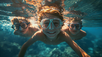 Naklejka premium Children scuba diving underwater in a beautiful island beach