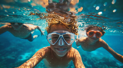 Naklejka premium Children scuba diving underwater in a beautiful island beach