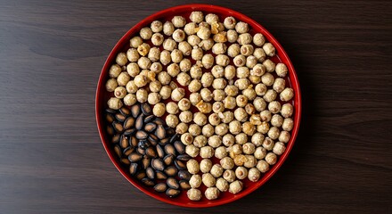 Traditional Vietnamese Tet Holiday Snacks: Roasted Lotus Seeds and Watermelon Seeds on a Red Platter, Symbolizing Abundance and Good Fortune.