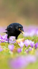 Black Crow Eating in a Field of Flowers.