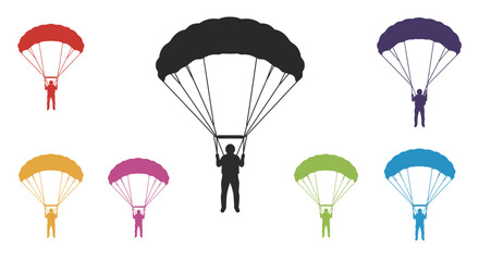 Colorful silhouettes of parachutists descending with open canopies above
