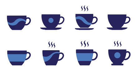 A collection of stylized blue coffee or tea cups in various forms