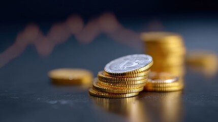 A conceptual image of cryptocurrency trading, with digital coins and a dynamic graph.