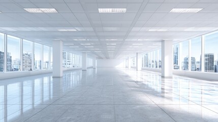 Bright spacious office space with polished floors and large windows. Natural light fills the area showcasing a modern city skyline outside. Ideal for business use or creative work.