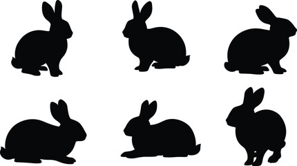 Rabbit silhouette collection, black bunny outlines, sitting crouching and lying rabbits, pet animal posture, vector design, isolated illustration, artwork set