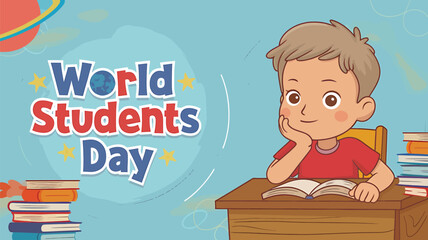 Vector art of young boy sitting at a desk studying for world students day with books and planet illustration