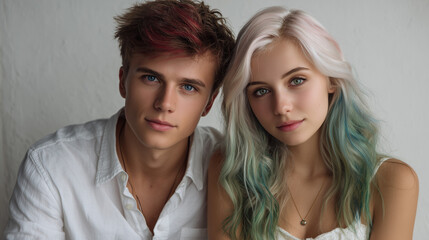 Fototapeta premium A handsome man in white shirt and beautiful woman with white and green hair ombre color.