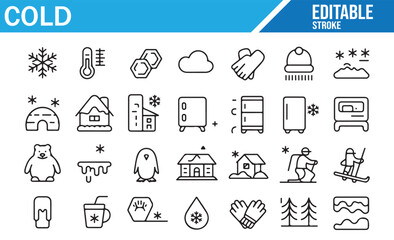 Editable Stroke Cold Icons — Weather, Temperature, Frost, Heater, Refrigerator, and Ski Elements