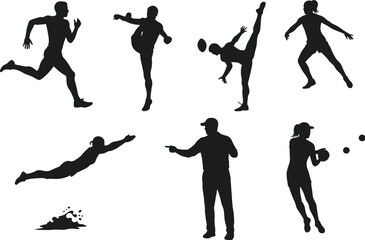 Athlete and performer silhouette, running, soccer, martial arts, frisbee, diving, juggling, coaching, physical activity, black figures, vector illustration, sports icons