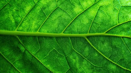 A detailed look at a green leaf with intricate veins and textures. The sunlight highlights its rich color and natural patterns conveying a sense of freshness and life.