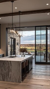 kitchen interior with dark cabinets large kitchen island with white marble and bar stools black hardwood floor pendant lighting window covering spacious modern construction home Vertical video reels