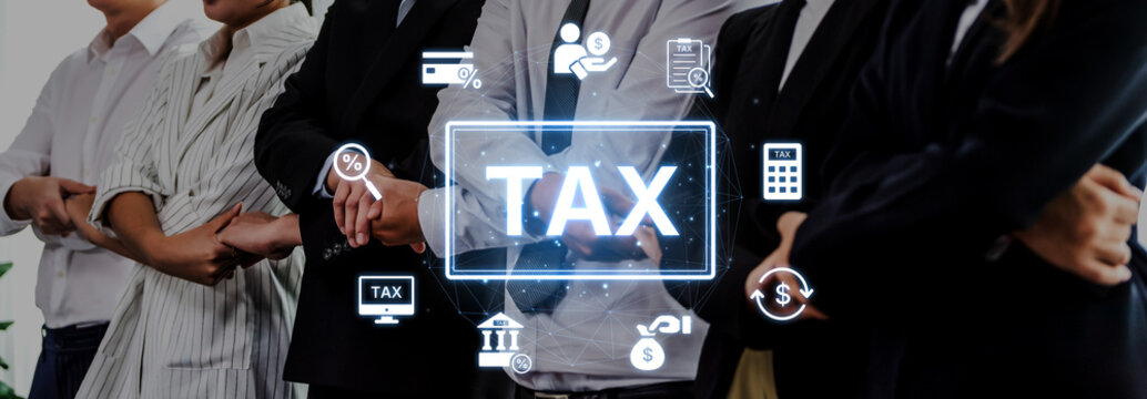 A diverse group of professionals stands confidently in an office setting, engaging with a digital tax interface, showcasing essential finance tools and icons. Trope