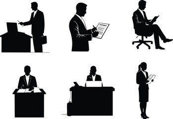 Business professional silhouette, office presentation scene, clipboard and laptop tasks, formal workplace posture, black figure vector, corporate workflow concept