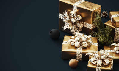 Golden gift box with Christmas decoration on blue background with copy space. Christmas banner design. 3D Rendering, 3D Illustration	
