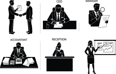 Business professionals silhouettes, CEO handshake, manager analysis, accountant desk, receptionist phone, presentation chart, corporate teamwork, office roles, vector illustration