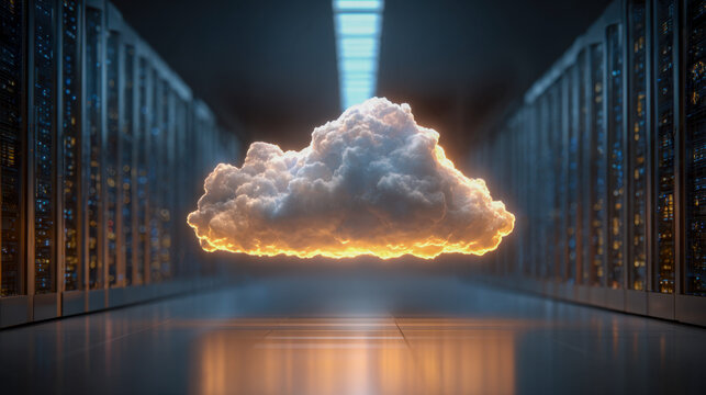 Glowing cloud symbolizing digital cloud computing floating inside a futuristic data center hallway surrounded by server racks with ambient lighting and reflections