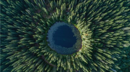 Obraz premium A beautiful round lake is framed by dense rows of tall green trees. The sunlight reflects off the waters surface showcasing natures tranquility.