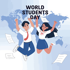Vector art of two happy students jumping in the air with papers flying around, celebrating world students day with world map background