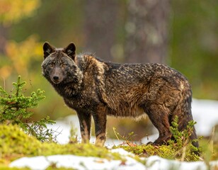 Black Wolf in Snowy Winter Forest