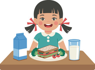 Cute little girl eating healthy breakfast with sandwich, milk, vegetables, cartoon character illustration, balanced meal nutrition, children food education vector design